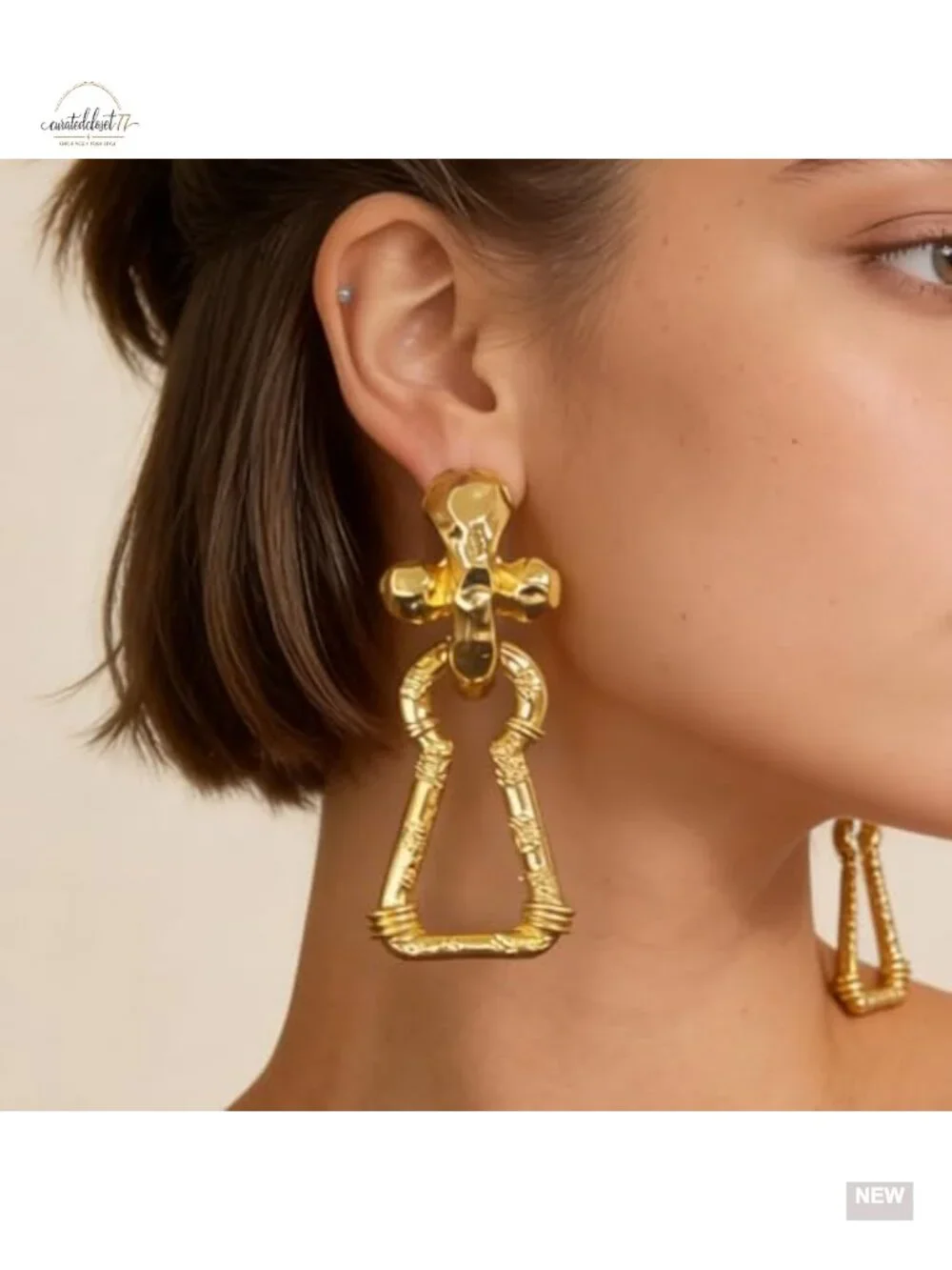 Chunky Cross Lock Earrings Oversized Statement Dangle Hammered Geometric Gold